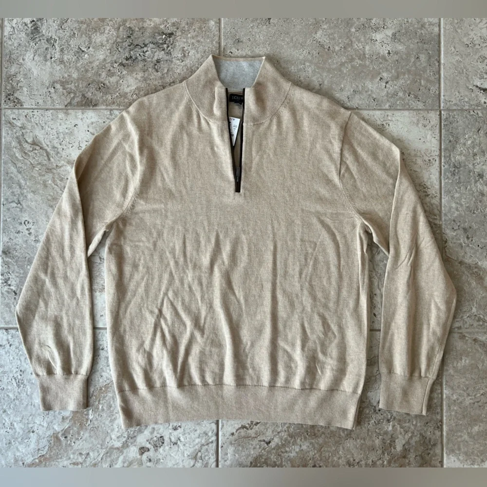 J. Crew NWT Cotton Cashmere Mock Neck Half-Zip Long Sleeve Sweater Cream, Large